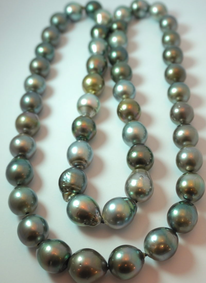 Tahitian pearl long necklace large oval dark green and light grey ...